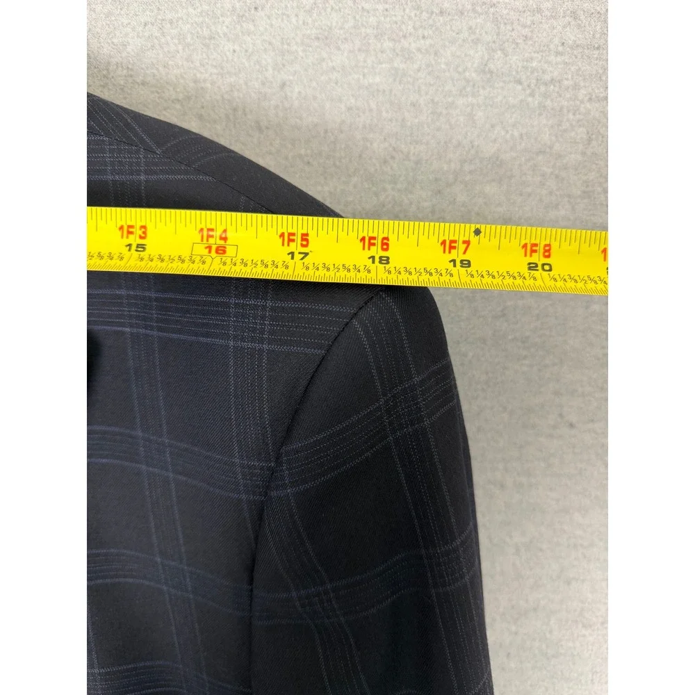 Tom James Mens 42L Navy Blue Plaid 100% Wool 3 Button Blazer Sport Coat Jacket